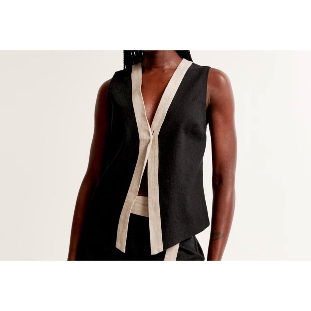 Abercrombie & Fitch Colorblock Black Tan Linen Blend Tailored Vest Sleeveless XX